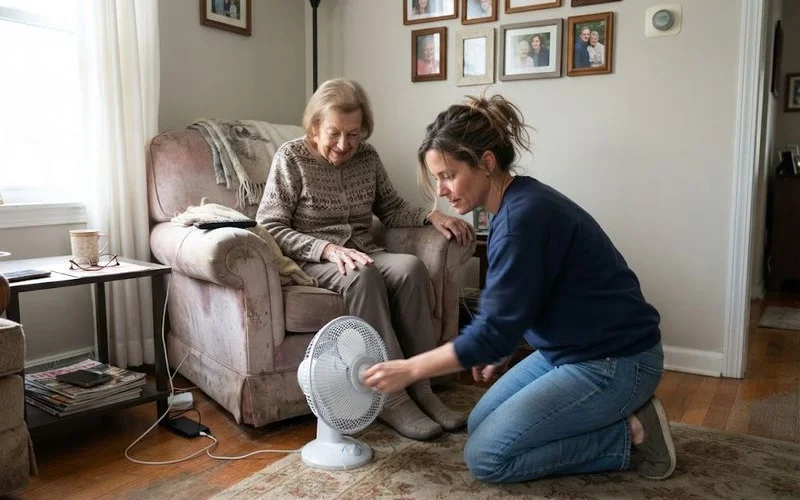 An adult child checking in with an older parent at home, with a thermostat visible on the wall nearby