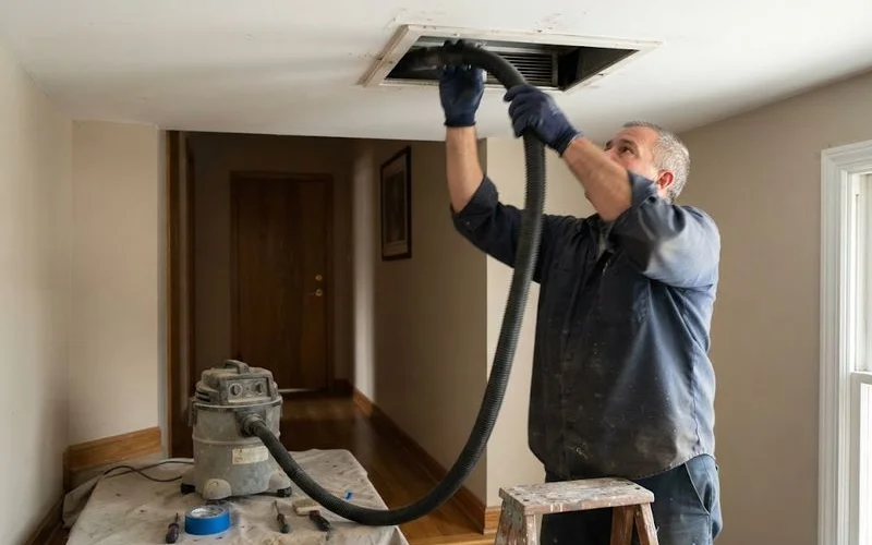 A technician's vacuum hose connected to an air vent during a residential duct cleaning service