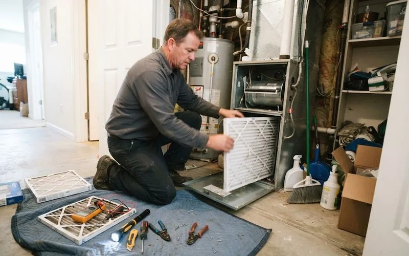 A technician installing a whole-home air filtration unit alongside residential ductwork