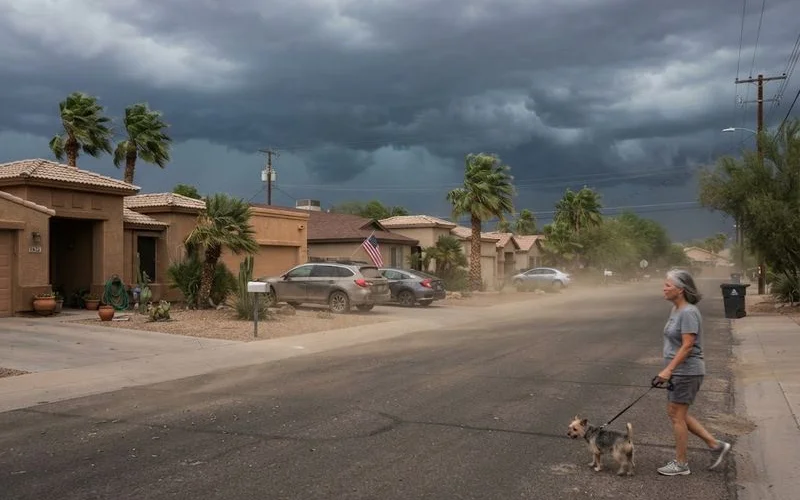 Dark storm clouds and blowing dust approaching a residential neighborhood in Phoenix during monsoon season