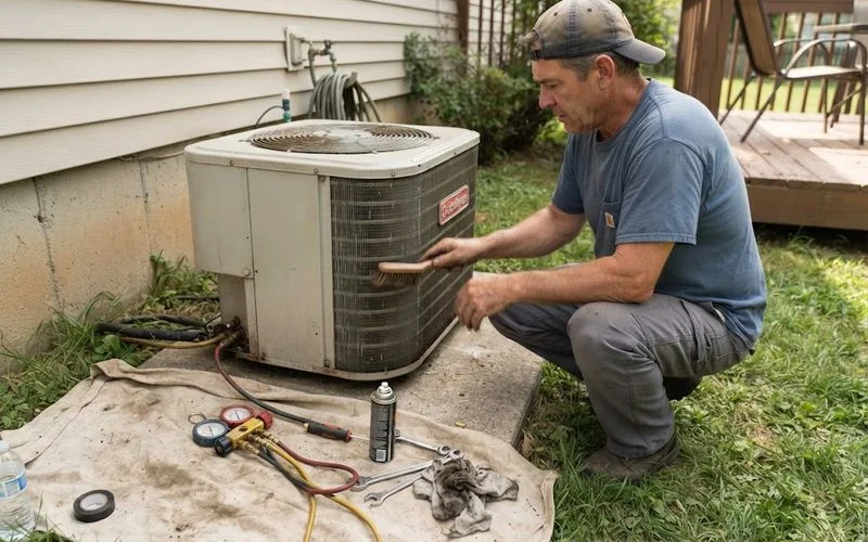 A technician performing a pre-season inspection on an outdoor AC condenser unit in a residential backyard