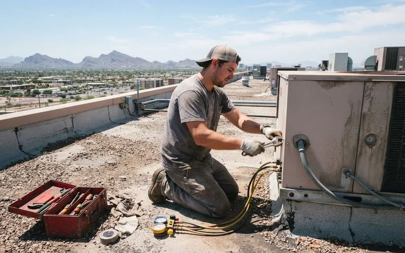 A technician performing maintenance on a rooftop commercial HVAC package unit under the Phoenix sun
